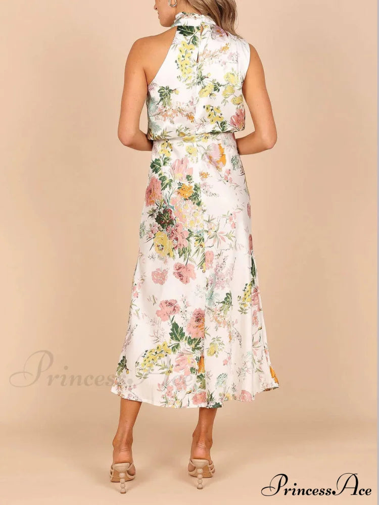 Floral Halter Neck Charming Elastic Waist Maxi Dress Dresses