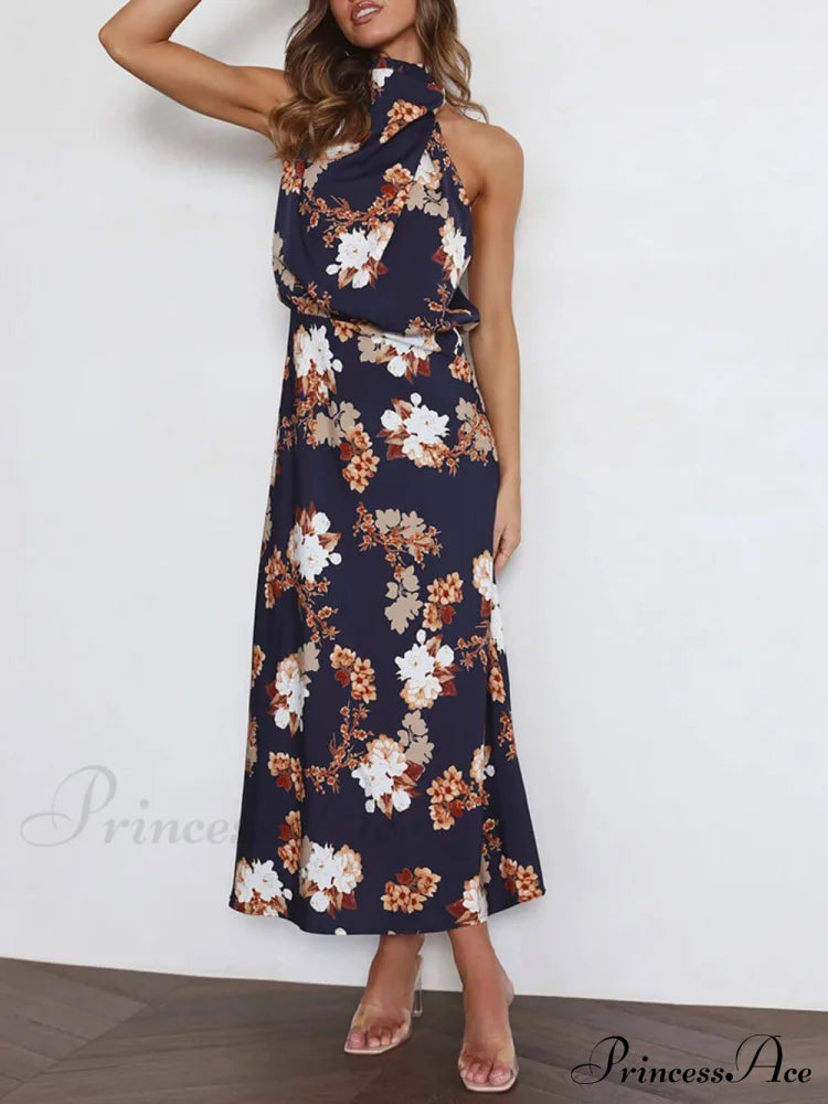 Floral Halter Neck Charming Elastic Waist Maxi Dress Dresses