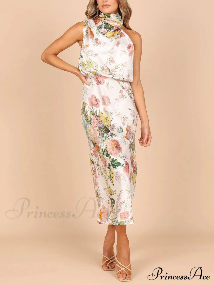 Floral Halter Neck Charming Elastic Waist Maxi Dress Dresses