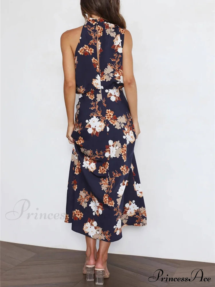 Floral Halter Neck Charming Elastic Waist Maxi Dress Dresses