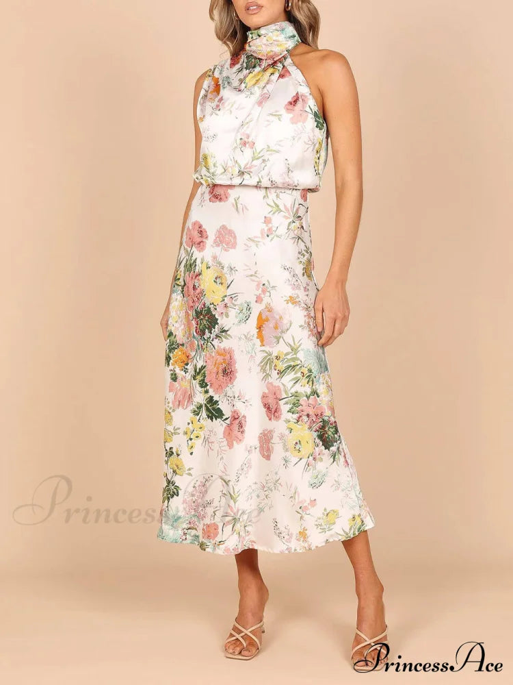 Floral Halter Neck Charming Elastic Waist Maxi Dress Dresses