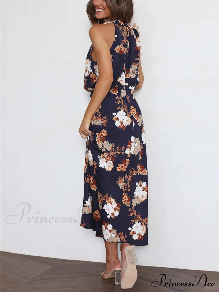 Floral Halter Neck Charming Elastic Waist Maxi Dress Dresses