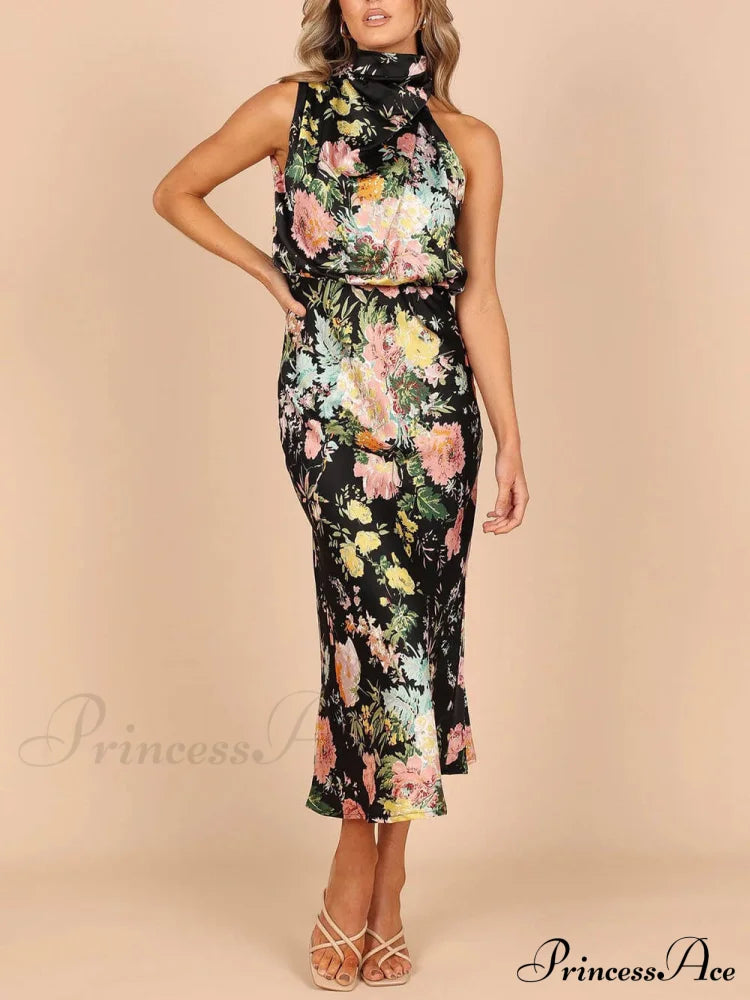 Floral Halter Neck Charming Elastic Waist Maxi Dress Dresses