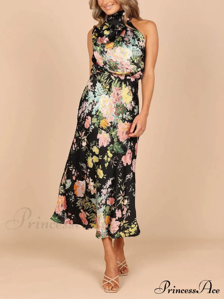 Floral Halter Neck Charming Elastic Waist Maxi Dress Dresses