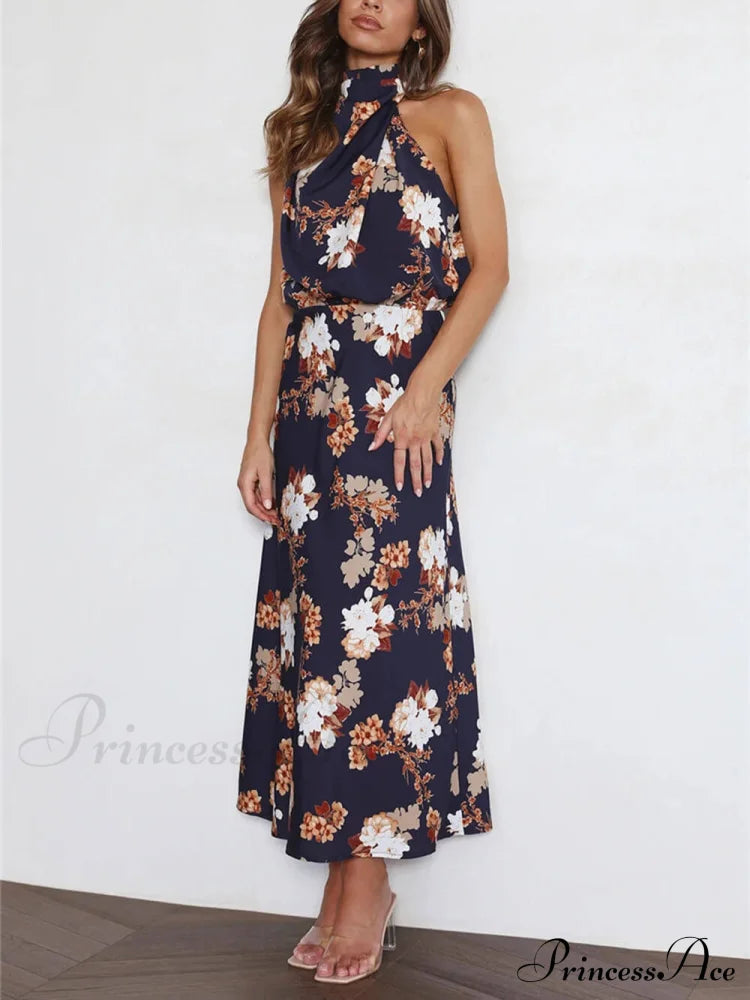 Floral Halter Neck Charming Elastic Waist Maxi Dress Dresses