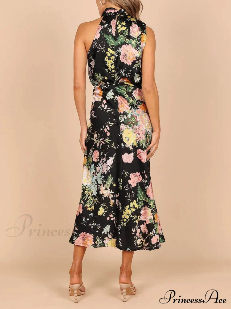 Floral Halter Neck Charming Elastic Waist Maxi Dress Dresses