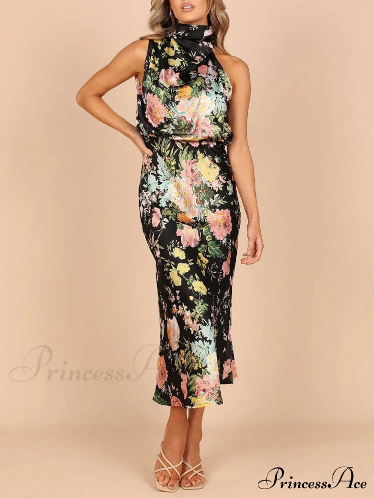 Floral Halter Neck Charming Elastic Waist Maxi Dress Dresses