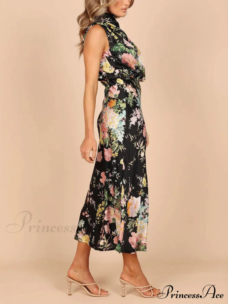 Floral Halter Neck Charming Elastic Waist Maxi Dress Dresses