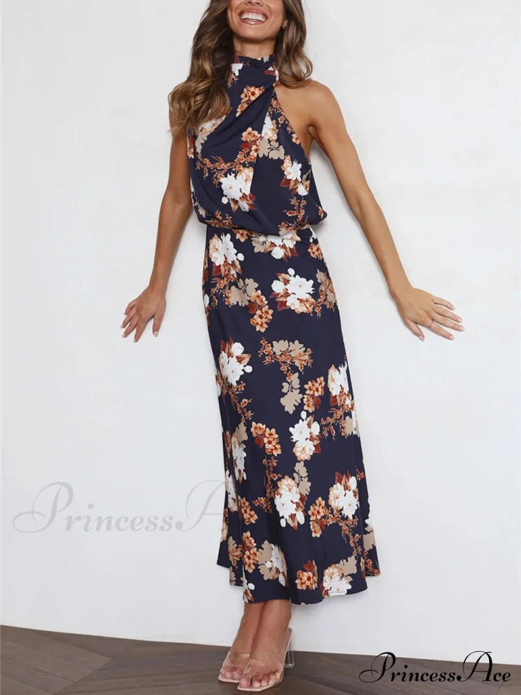 Floral Halter Neck Charming Elastic Waist Maxi Dress Navy Blue / S Dresses