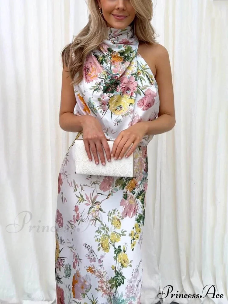 Floral Halter Neck Charming Elastic Waist Maxi Dress White / S Dresses