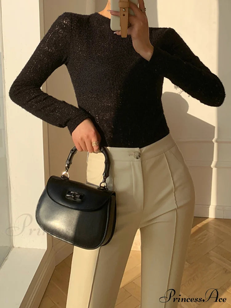 Floral Hollow Knit Crew Modern Neck Long Sleeve Top Black / Xs T-Shirts