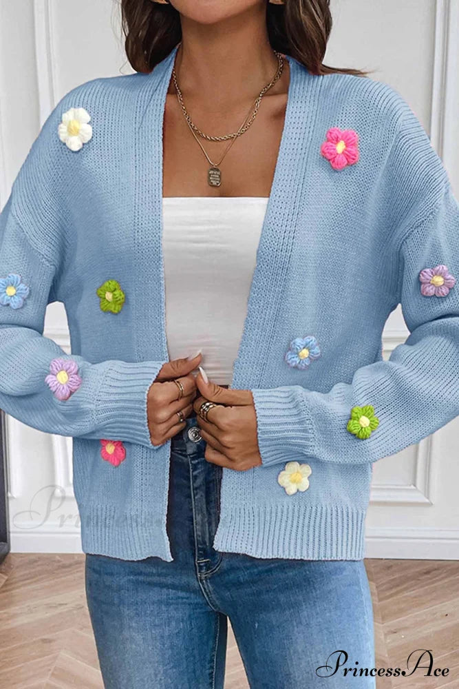 Floral Knitted Long Sleeve Cardigan Blue / S Cardigans