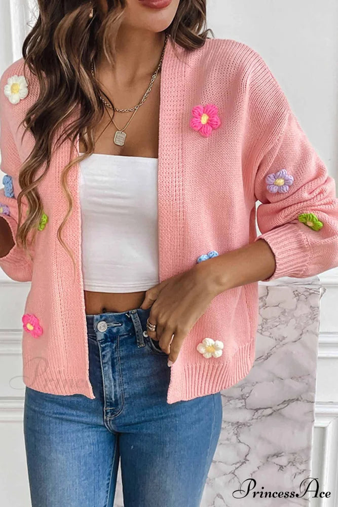 Floral Knitted Long Sleeve Cardigan Pink / L Cardigans