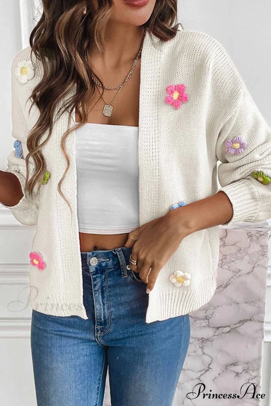 Floral Knitted Long Sleeve Cardigan White / M Cardigans