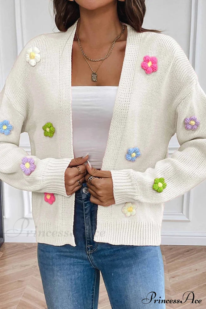 Floral Knitted Long Sleeve Cardigan White / S Cardigans