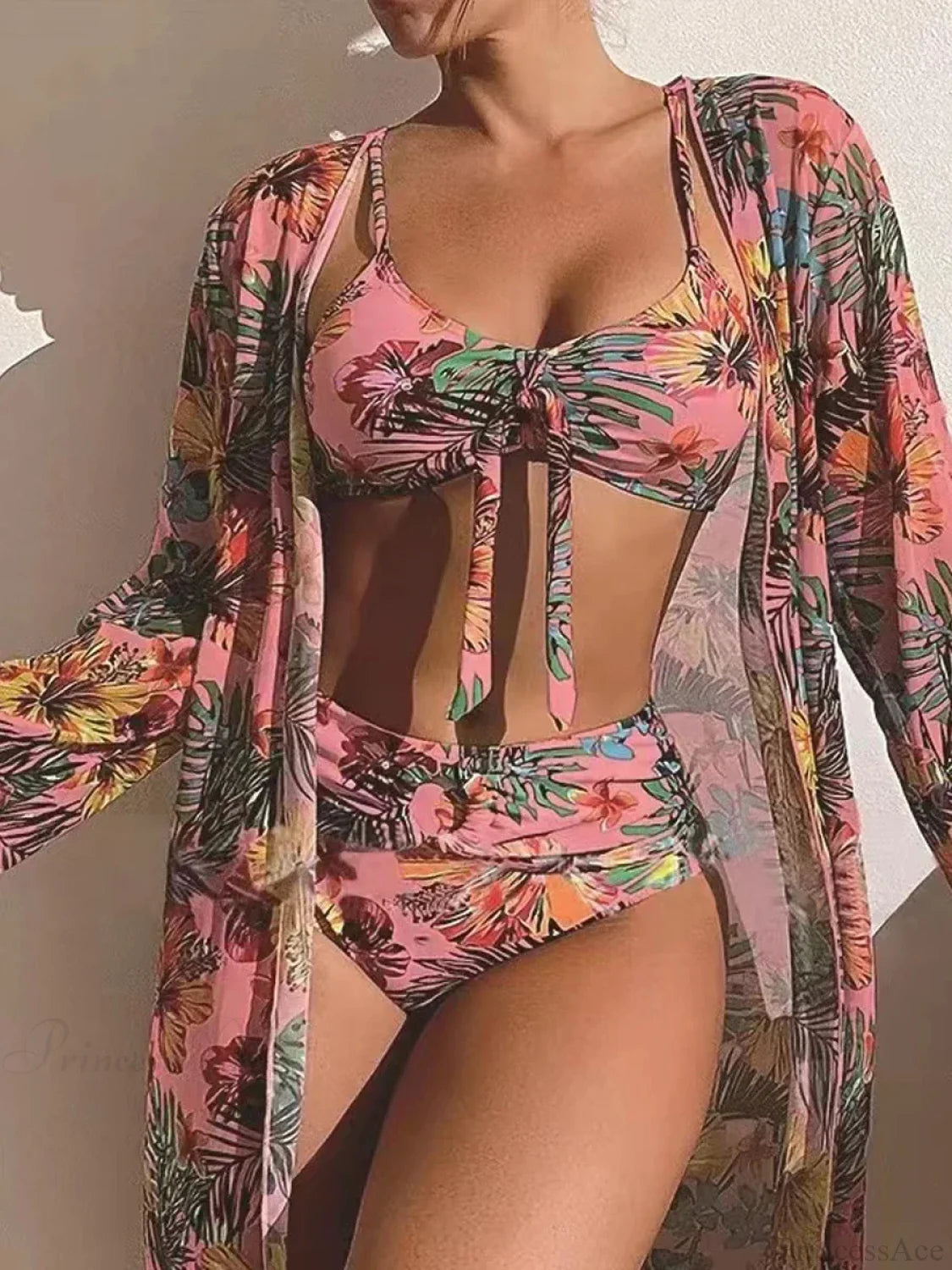Floral Knot Front Long Sleeve Two Piece Set Pink / S