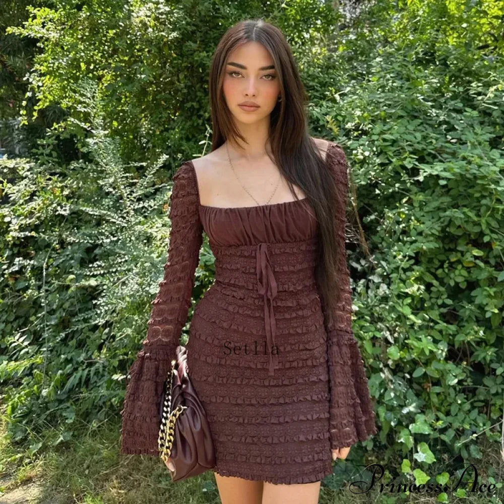 Floral Lace Club Party Rich Brown Flare Sleeve Mini Dress