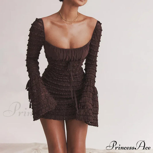 Floral Lace Club Party Rich Brown Flare Sleeve Mini Dress