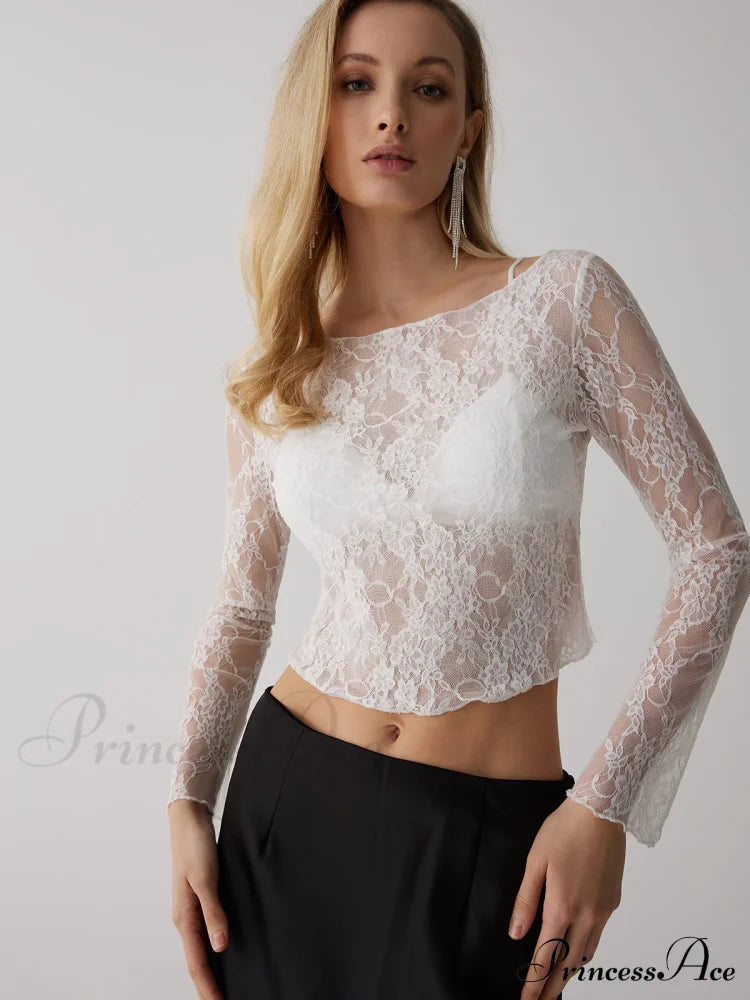Floral Lace Graceful See Through Top White / S T-Shirts