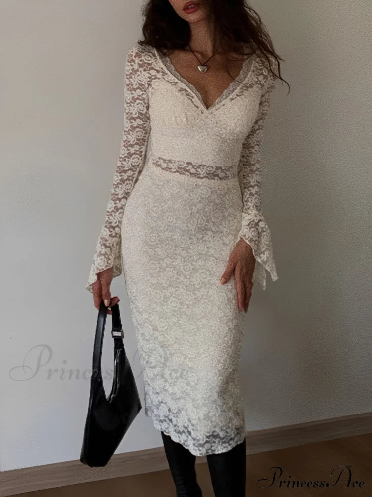 Floral Lace Long Trendy Sleeve Plunge Midi Dress Off-White / Xs Dresses