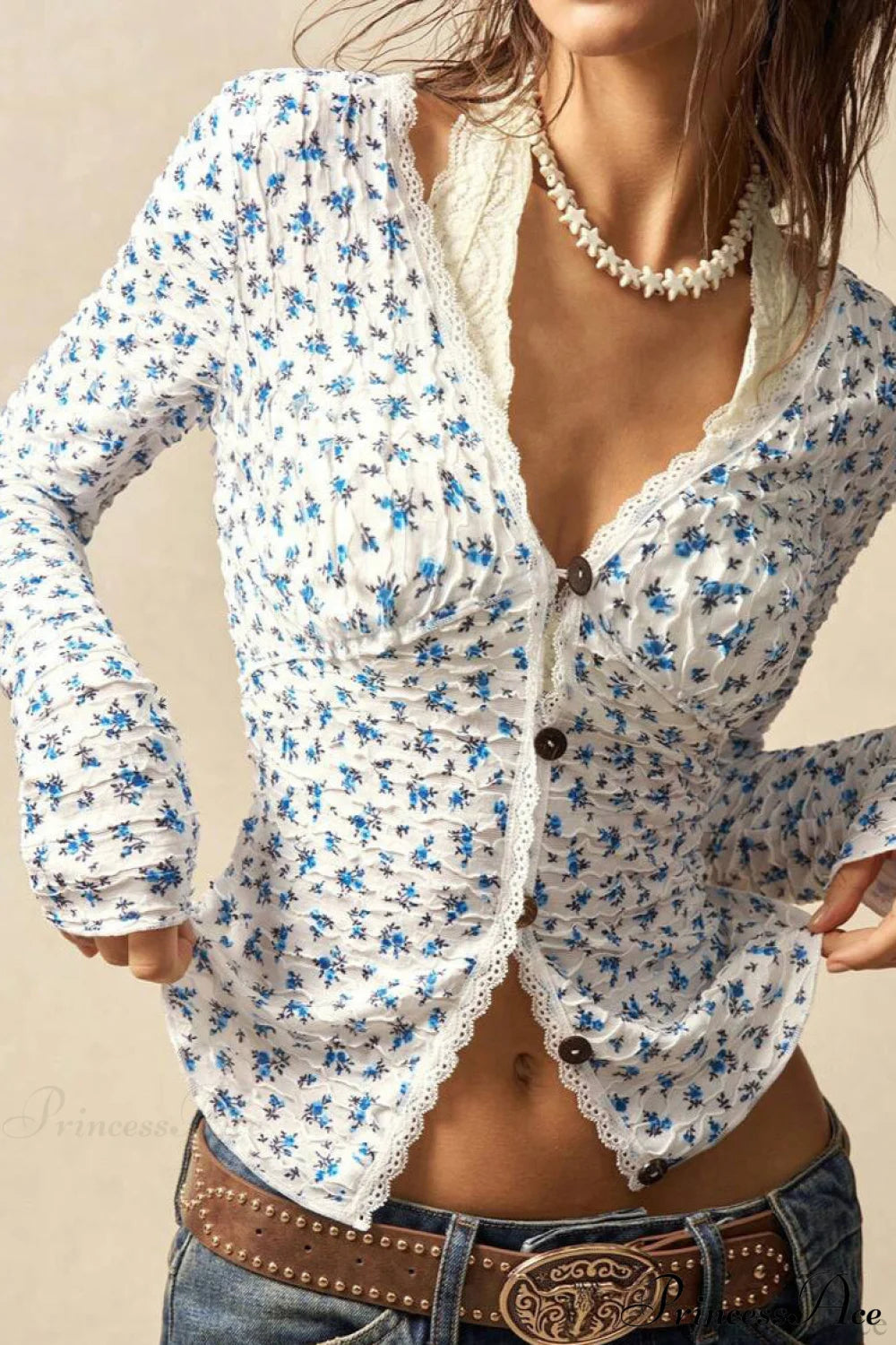 Floral Lace Panel Halter Fitted Blouse