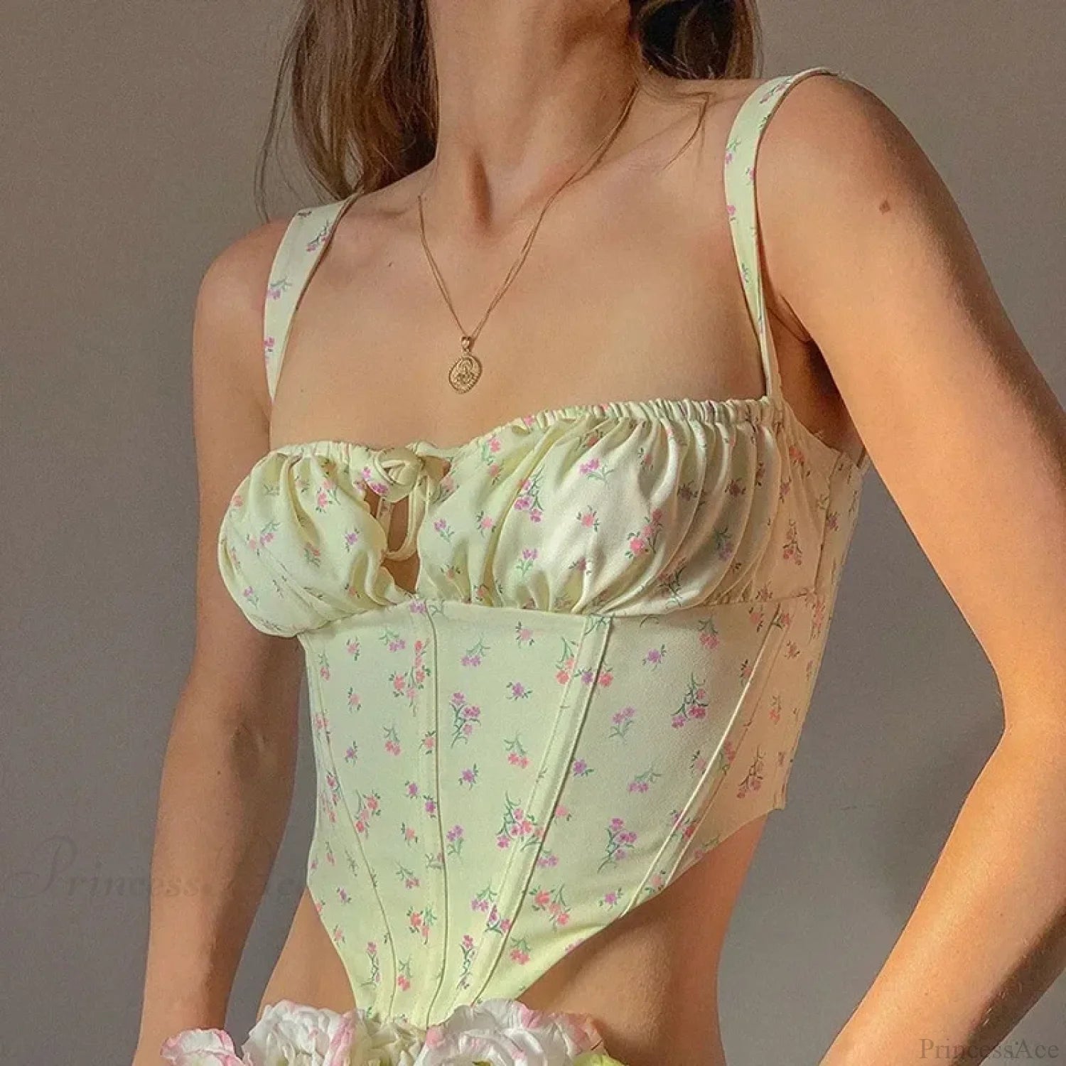 Floral Lace Ruched Tie Low Cut Slim Fit Backless Bustier Yellow / One Size croptop-250126