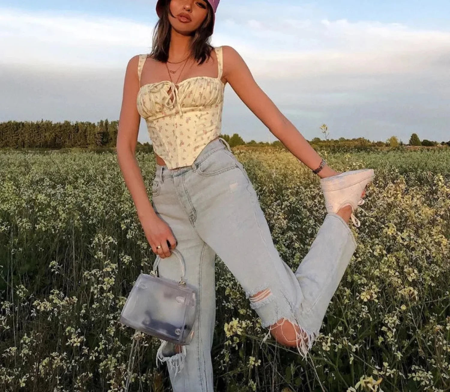 Floral Lace Ruched Tie Low Cut Slim Fit Backless Bustier Yellow / One Size croptop-250126