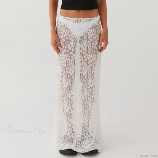 Floral Lace See-Through Short Sleeve Crop Top Long Skirt Two Pieces Set Beige / S twopiecesset-250126
