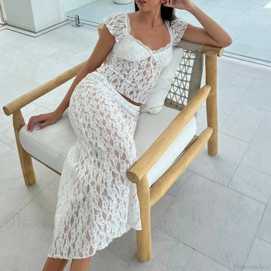 Floral Lace See-Through Short Sleeve Crop Top Long Skirt Two Pieces Set twopiecesset-250126