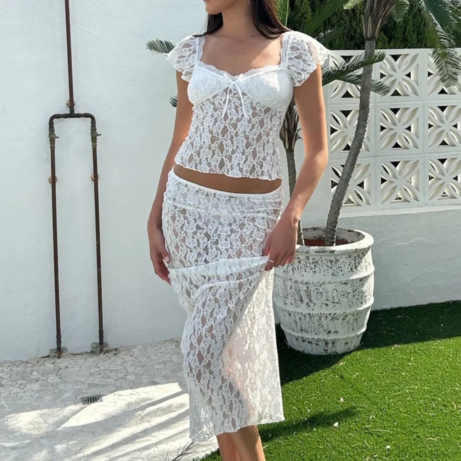Floral Lace See-Through Short Sleeve Crop Top Long Skirt Two Pieces Set WHITE / S twopiecesset-250126