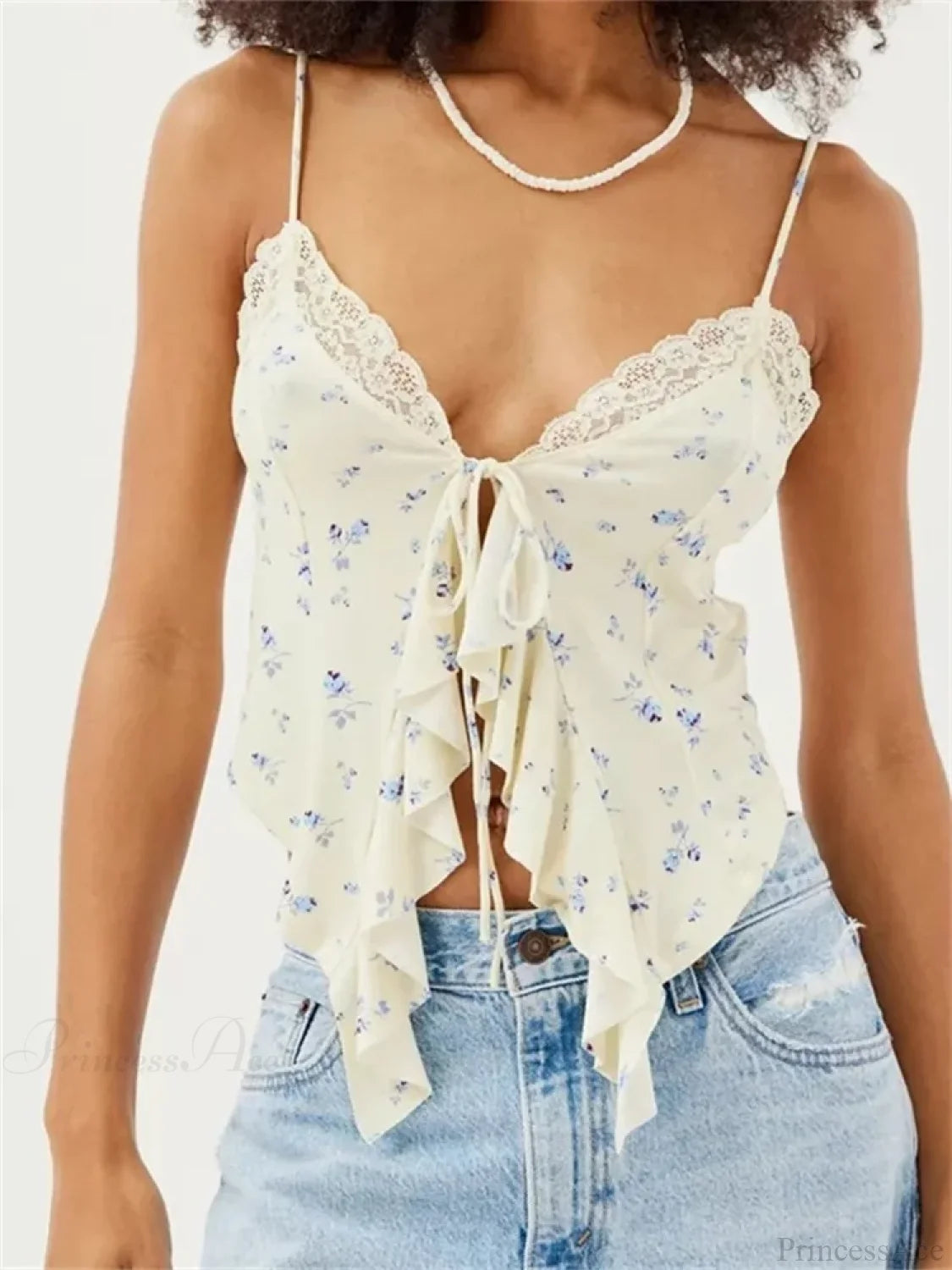 Floral Lace Trim Ruffle Split Strap Crop Top croptop-250126