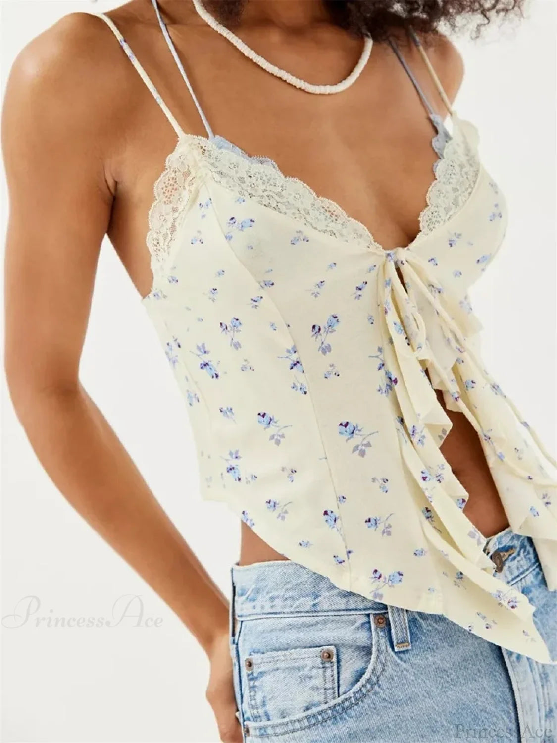 Floral Lace Trim Ruffle Split Strap Crop Top WHITE / S croptop-250126