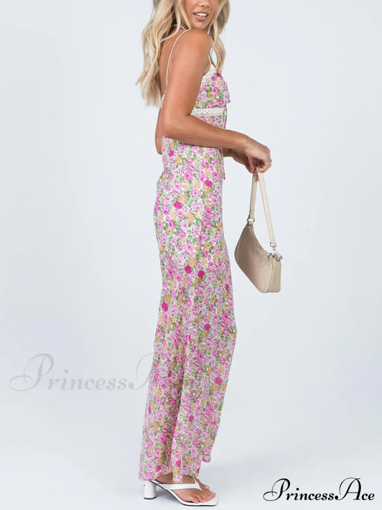 Floral Lace Trim Trendy Checkered Cropped Tank Top Maxi Dresses