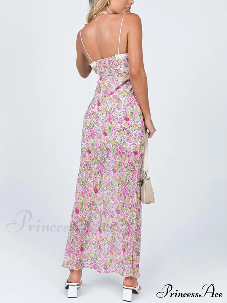 Floral Lace Trim Trendy Checkered Cropped Tank Top Maxi Dresses