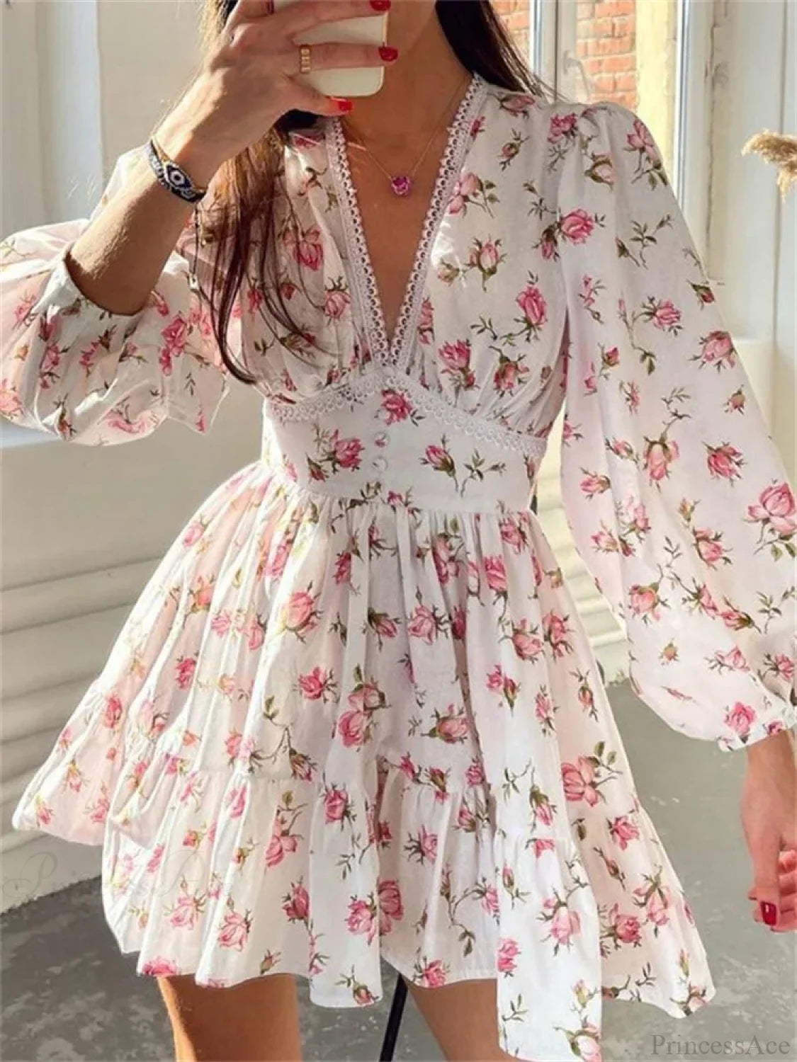 Floral Lantern-Sleeve Mini Dress minidress-250223