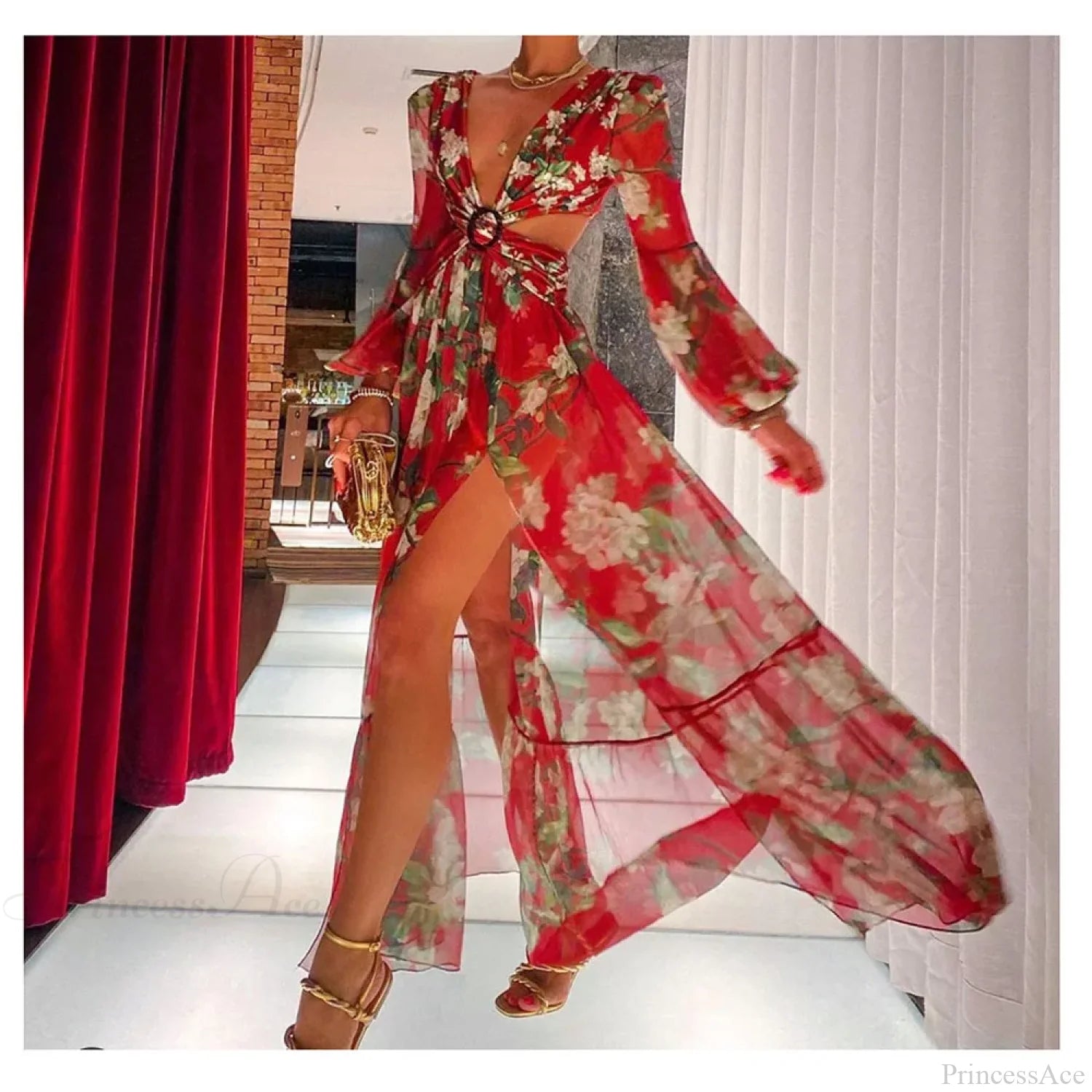 Floral Long Sleeve Beach Kimono Cover Up red / S