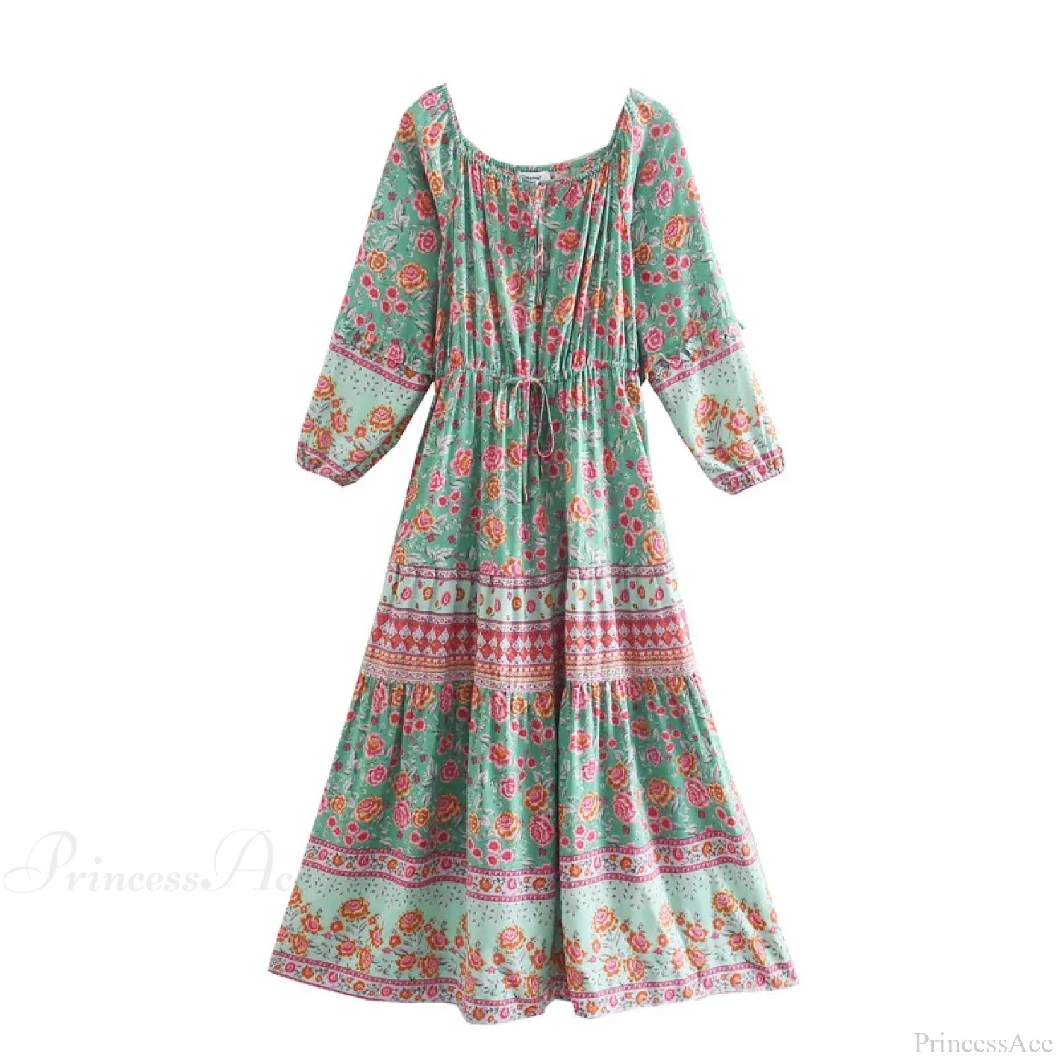 Floral Long Sleeve Belt Tassel Off Shoulder Boho Dress Green / S bohodress-250126