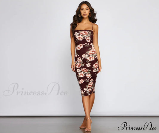 Floral Lover Ruched Midi Dress - Lady Occasions