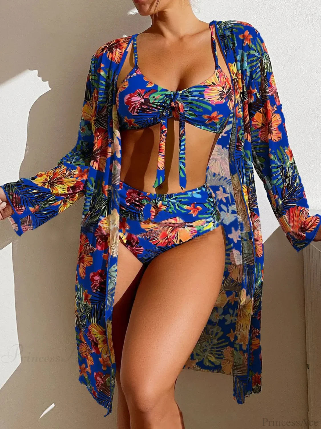 Floral Mesh Blouse Bra Two Piece Set Blue / S