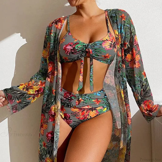 Floral Mesh Blouse Bra Two Piece Set Grey / S