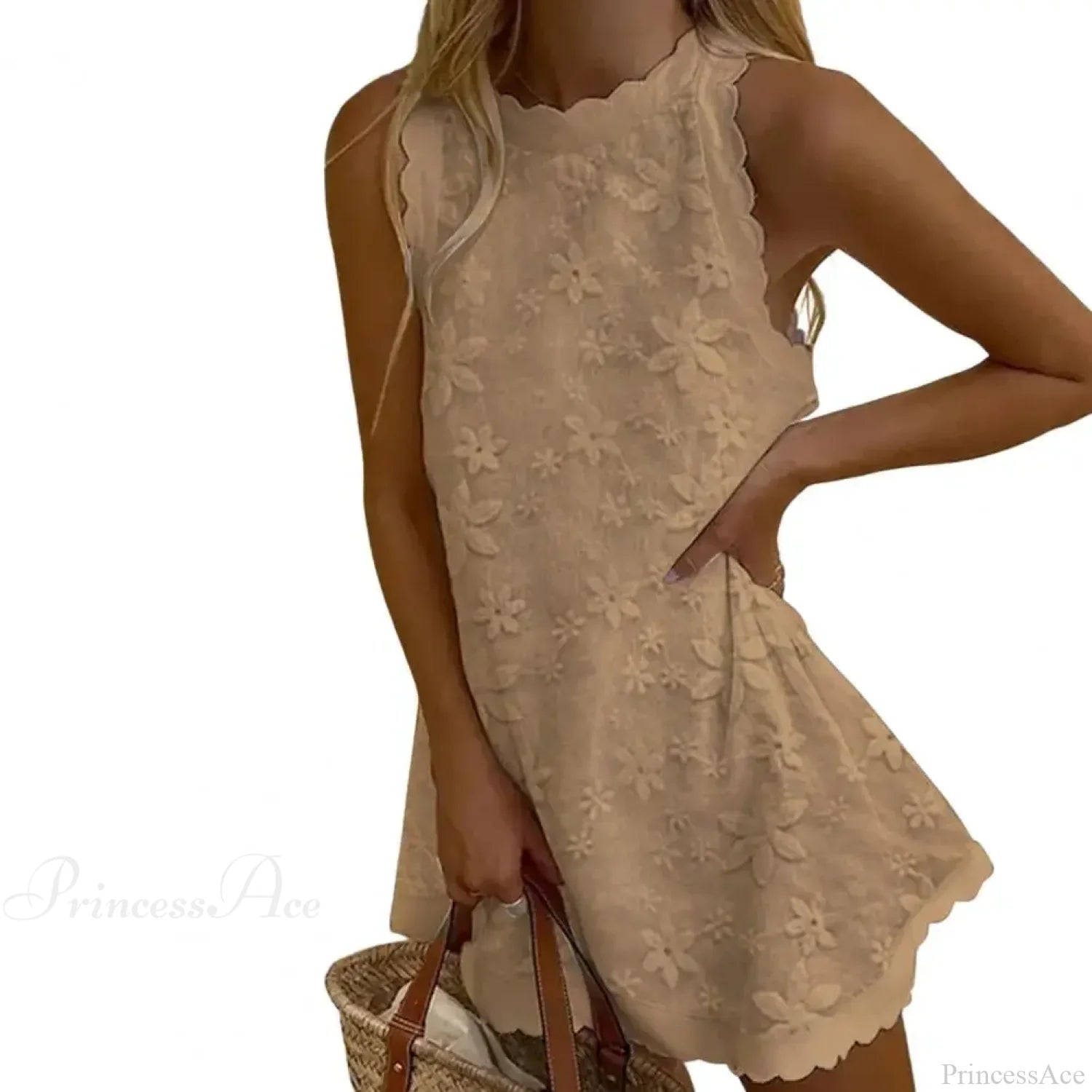 Floral Off-Shoulder Embroidery Loose Hem Floral Dress Khaki / S floraldress-250126