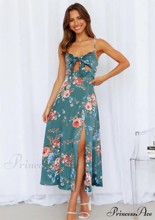 Floral Passion Stylish Ruffled Midi Dress Green / S Dressy Dresses