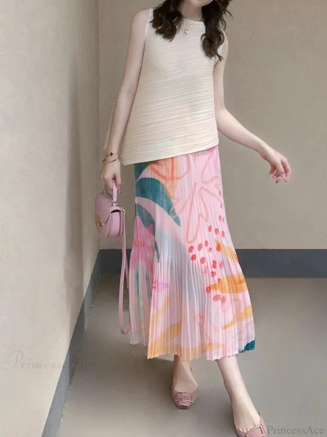 Floral Pleated Slimming High Waist Beach Comfort Skirt skirt-250126