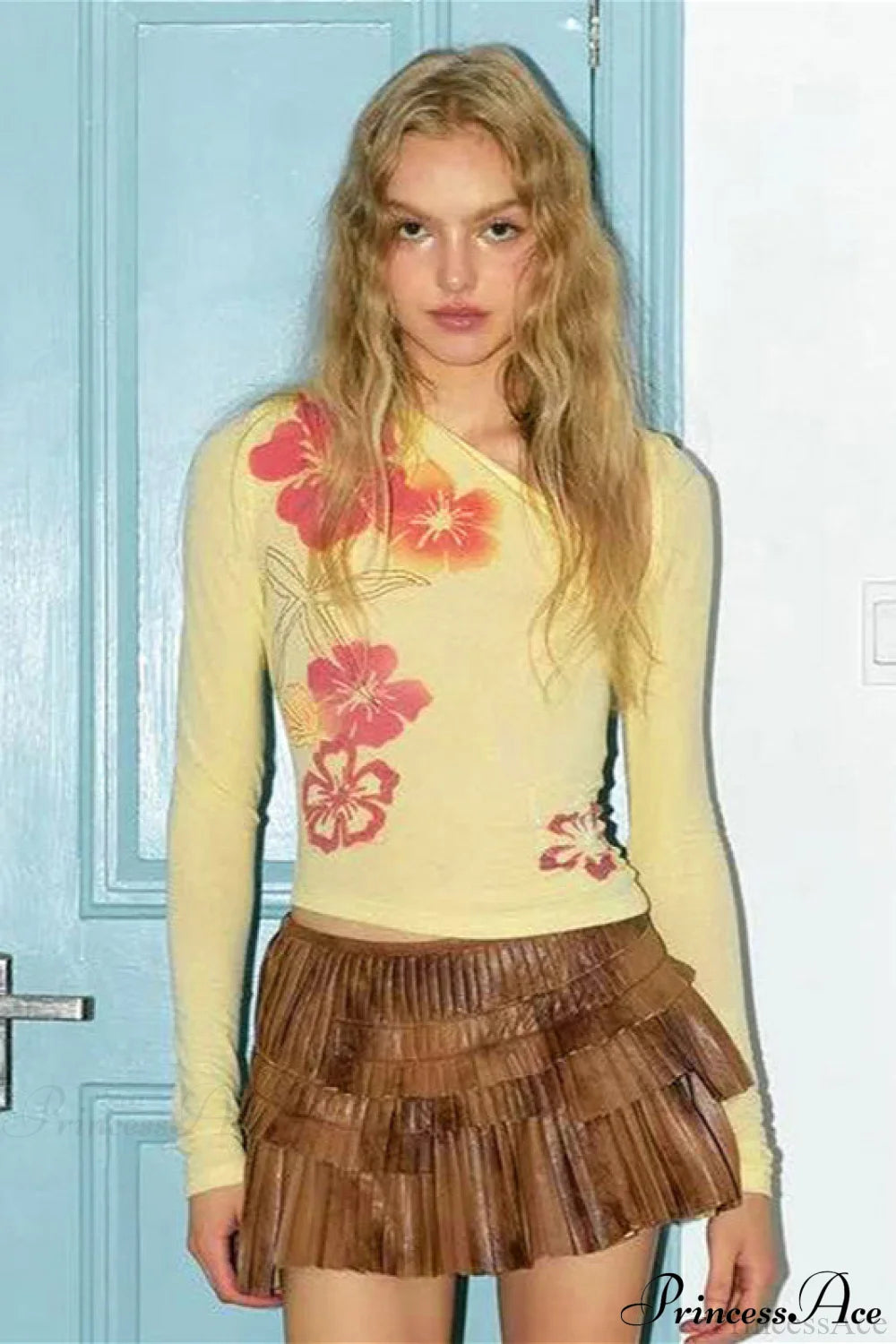 Floral Print Asymmetrical Neck Slim Long Sleeve Tee Yellow / S