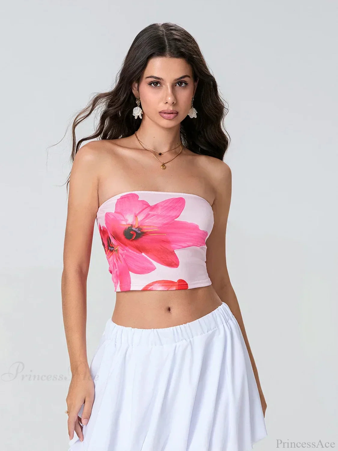 Floral Print Backless Strapless Cropped Tube Top Bandeau Pink / S croptop-250126