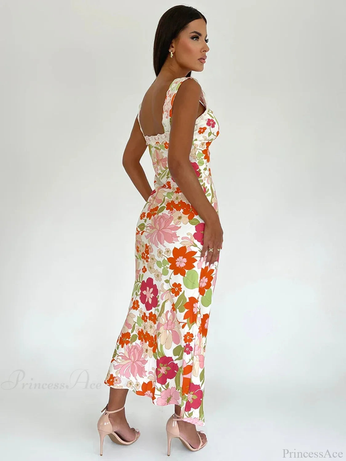 Floral Print Backless V-neck Bodycon Maxi Floral Dress floraldress-250126