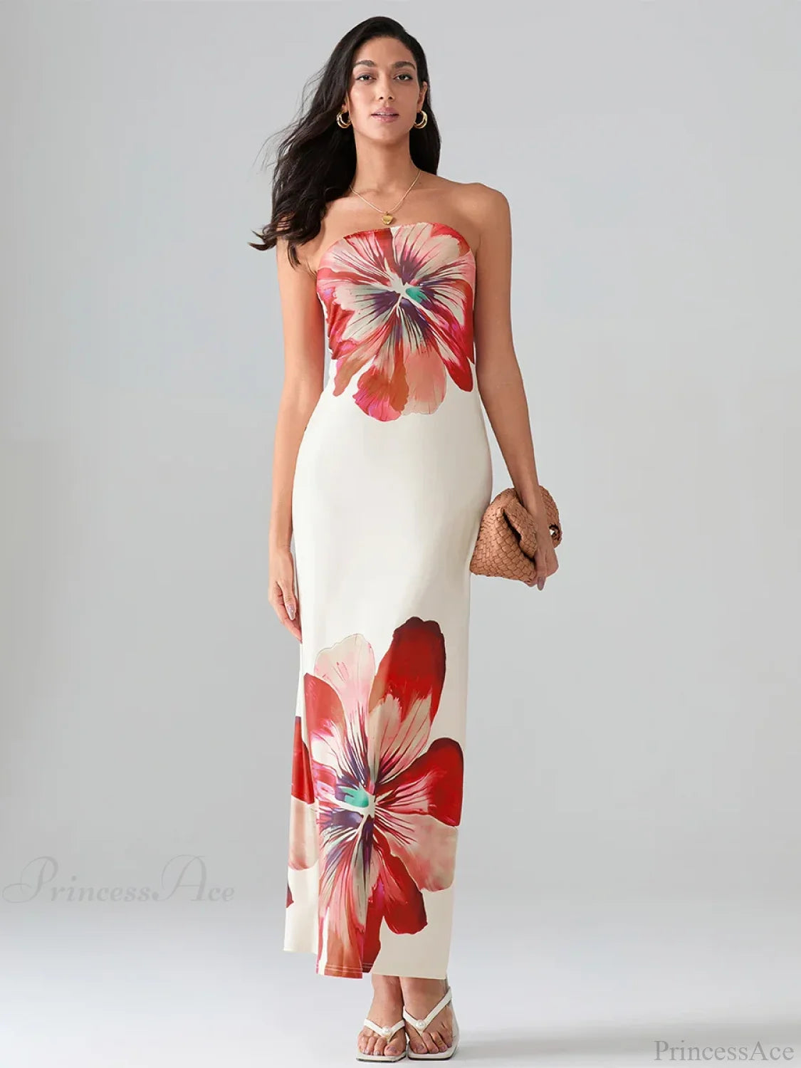 Floral Print Bandeau Strapless Wrap Floral Dress floraldress-250126