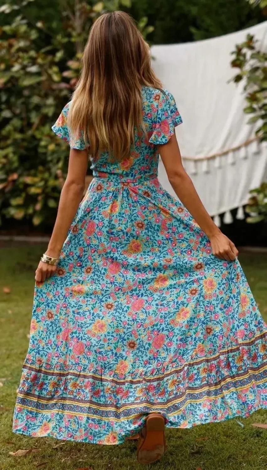 Floral Print Bat Sleeve Sashes Wrap Maxi Boho Cover-ups bohodress-250126