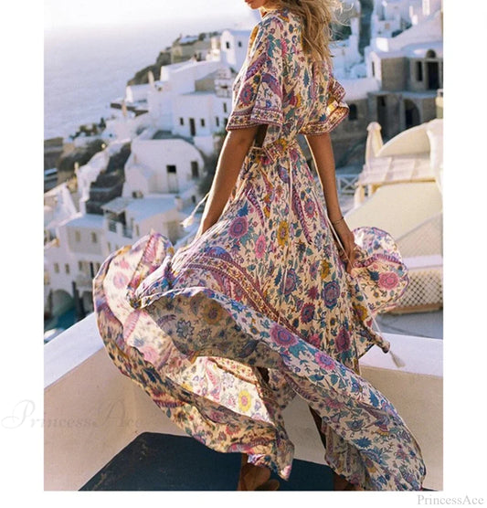 Floral Print Bat Sleeve V-neck Tassel Maxi Rayon Boho Dress bohodress-250126