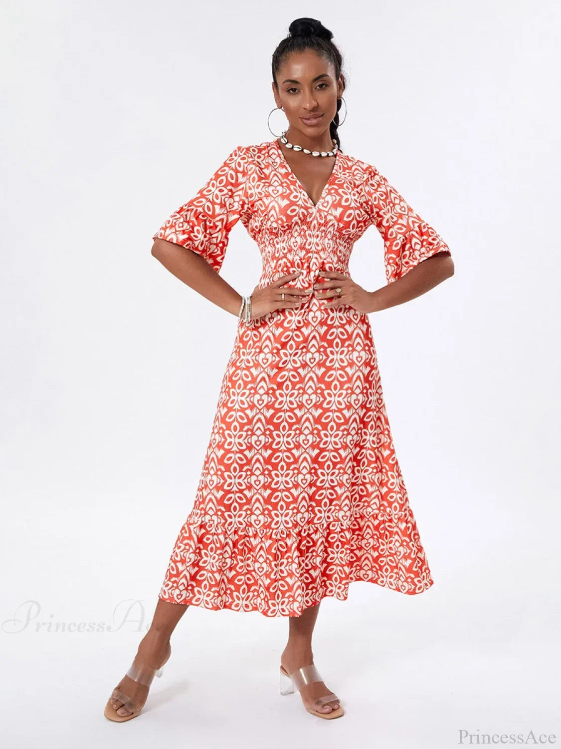 Floral Print Beach Midi Casual Flare Sleeve A-Line Ruffled Floral Dress floraldress-250126